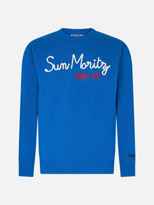 Pre-owned Mc2 Saint Barth Man Crewneck Sweater With Sun Moritz Après Ski Embroidery In Blue