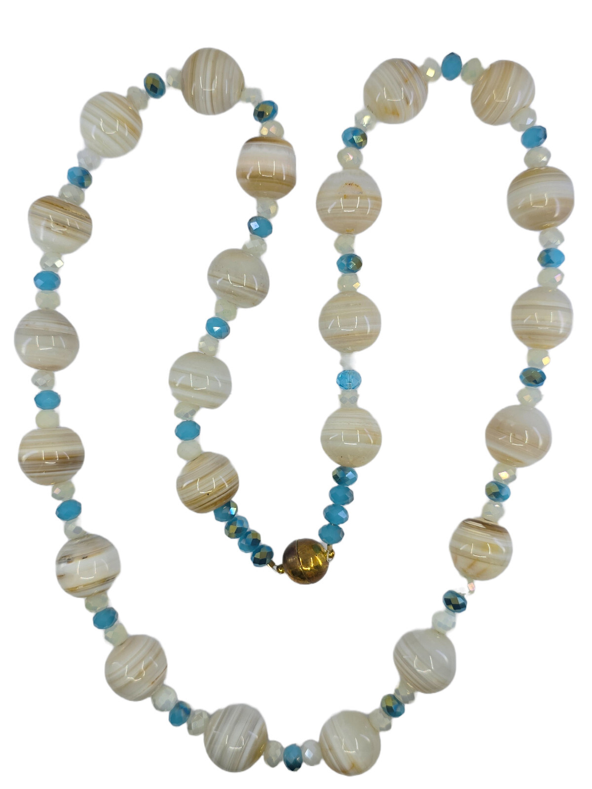 VINATGE LARGE WHITE BANDED AGATE & FACETES CRYSTAL BEAD MAGNETIC CLASP NECKLACE