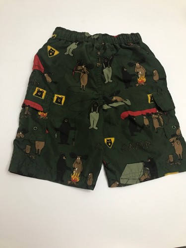 Hatley Boys Swim Trunks Size 3 Camping Fishing Bear Moose Campground Woods Green