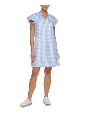 

DKNY Женское голубое короткое платье прямого кроя с разрезом на пуговицах и рукавами, Light blue