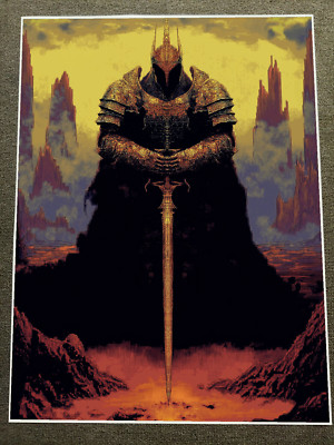 Dark Armored Knight with Sword in Fiery Landscape Poster 18x24in