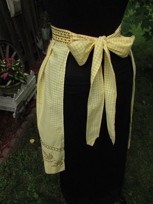 Vintage Cotton Gingham Yellow & White Half Apron with Cross Stitching