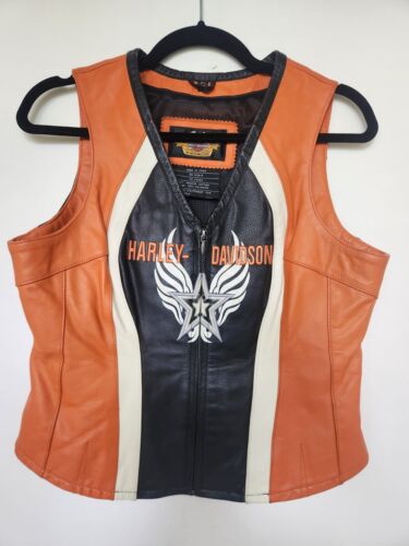 Harley Davidson Womens Leather Vest Orange/Black Star Wings Harley Davidson Womens Leather Vest Orange/Black Star Wings