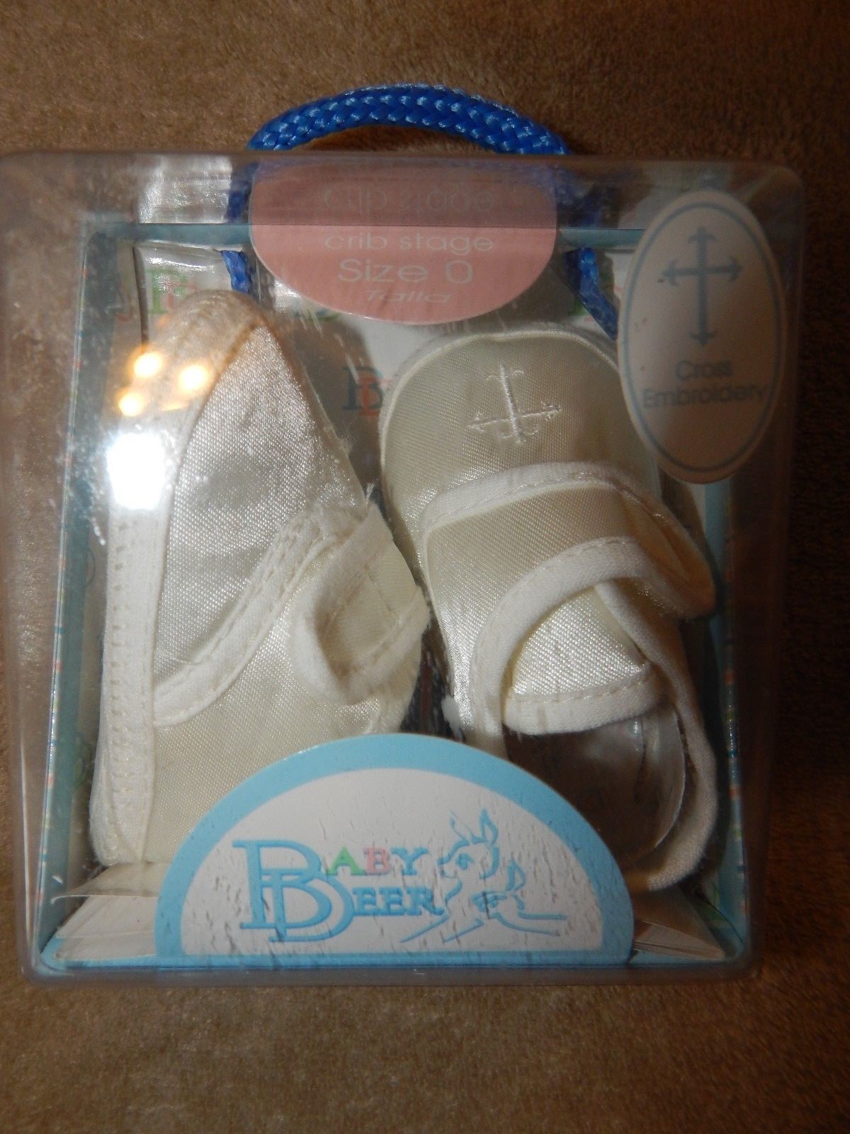 NEW Baby Deer White Satin Crib Shoes Sz 0 Baptism Christening Lace Cross Design