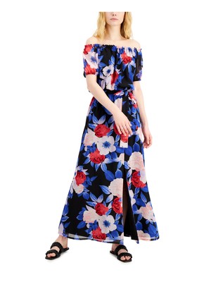 

INC DRESS Womens Black Tie Elastic Short Sleeve Off Maxi Party Blouson Dress, Черный
