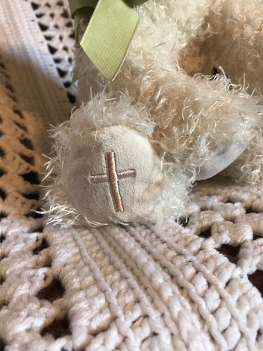 Hallmark Lamb Little Blessings Floppy Christian Plush Holy Cross Foot Green Bow