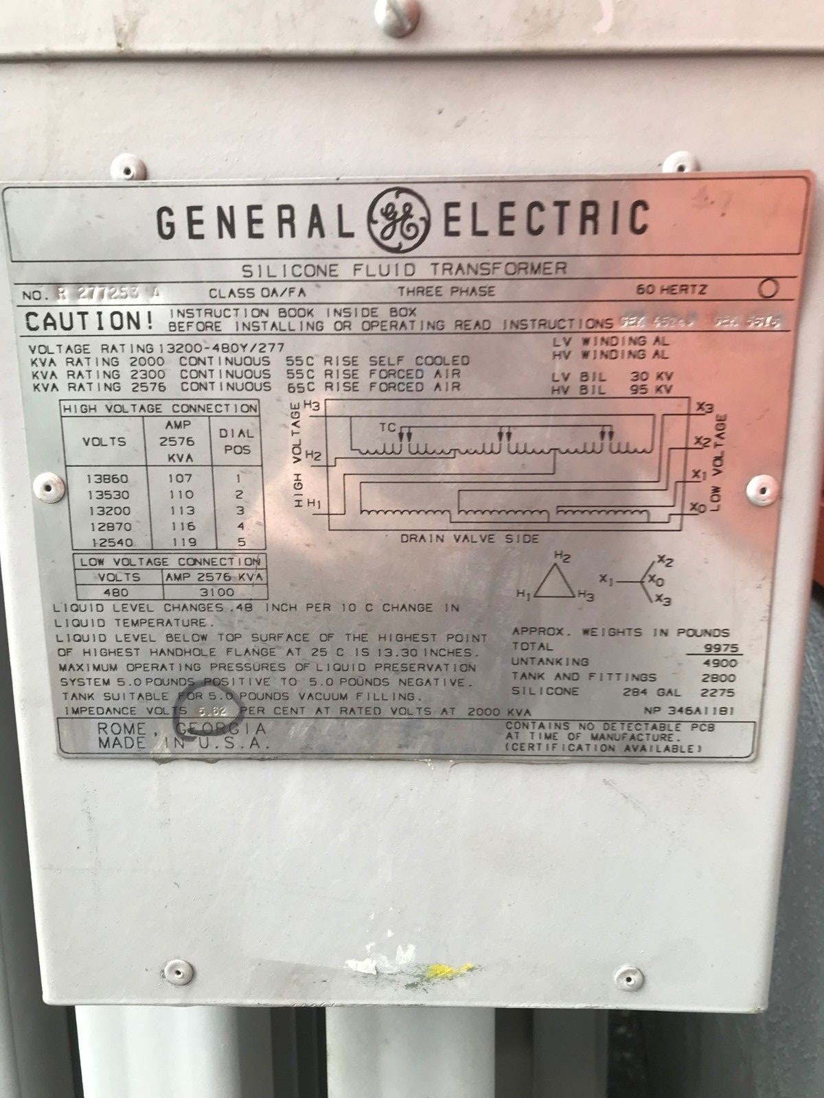 General Electric 2000 KVA Transformer  13200V - 480Y/277V