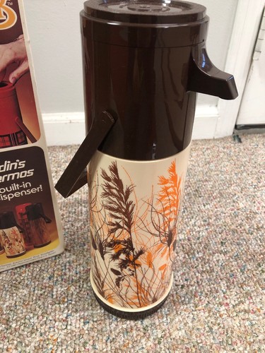 Pump-A-Drink Aladdin Thermos w/ Drink Dispenser Autumn Wheat Glass Pump Vintage