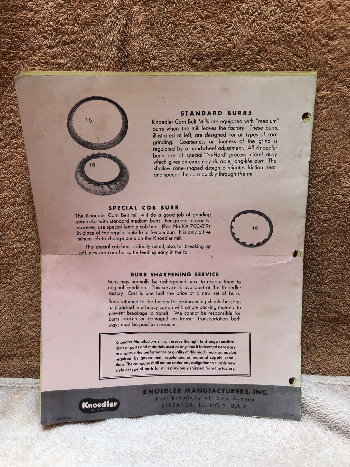 Knoedler Model KP-7a & Model KM-7a Corn Belt Burr Mills Parts Book Streator IL