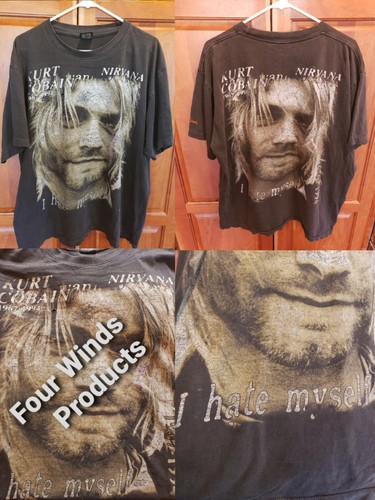 Nirvana I Hate Myself And I Wanna Die Lyrics Vtg Kurt Cobain I Hate Myself AOP 67-94 Nirvana Band Distressed T-Shirt