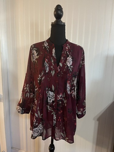American Rag Cie Blouse Burgundy Floral Print Sheer Tie Back Roll Tab Sleeve MED