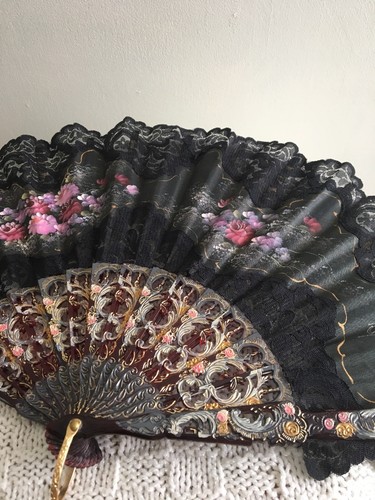 Vintage Japanese Chinese Folding Fan Hand Painted Flowers Signed Fabric