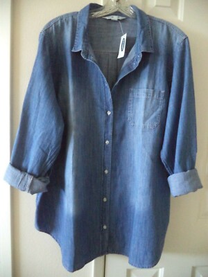 Old Navy Med Wash Blue Cotton Denim Jean Buttondown Shirt Blouse Top 4 6 Small