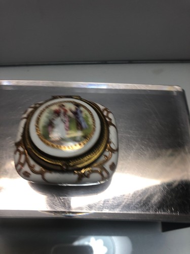 Antique French Porcelain Brass Hinged Jewelry / Dresser box with Couple