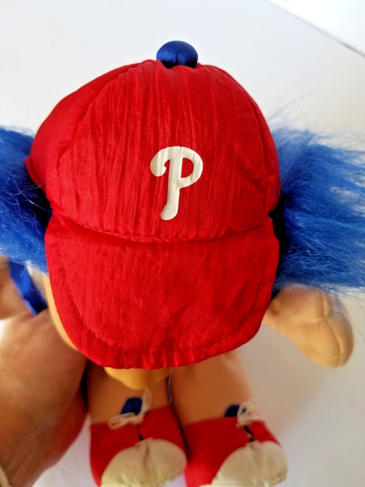 Phillies Troll Doll Large Good Luck Sports Blue Hair Cloth Body RUSS Vintage