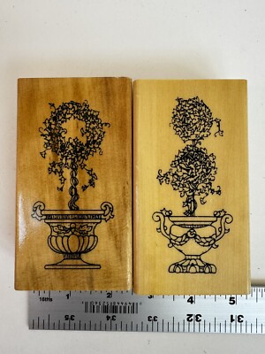 Vintage 90s Anitas Primitive Flower Pot Topiary Wreath Hand Drawn Rubber Stamps