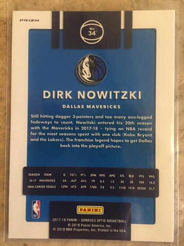 2017-18 Donruss Optic Purple Prizm #34 Dirk Nowitzki Mavs