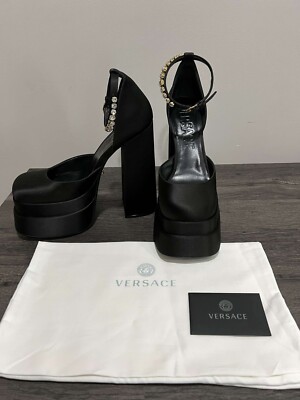 Versace Medusa Aevitas Black Satin Crystal Logo Platform Pumps sz 40 $1575