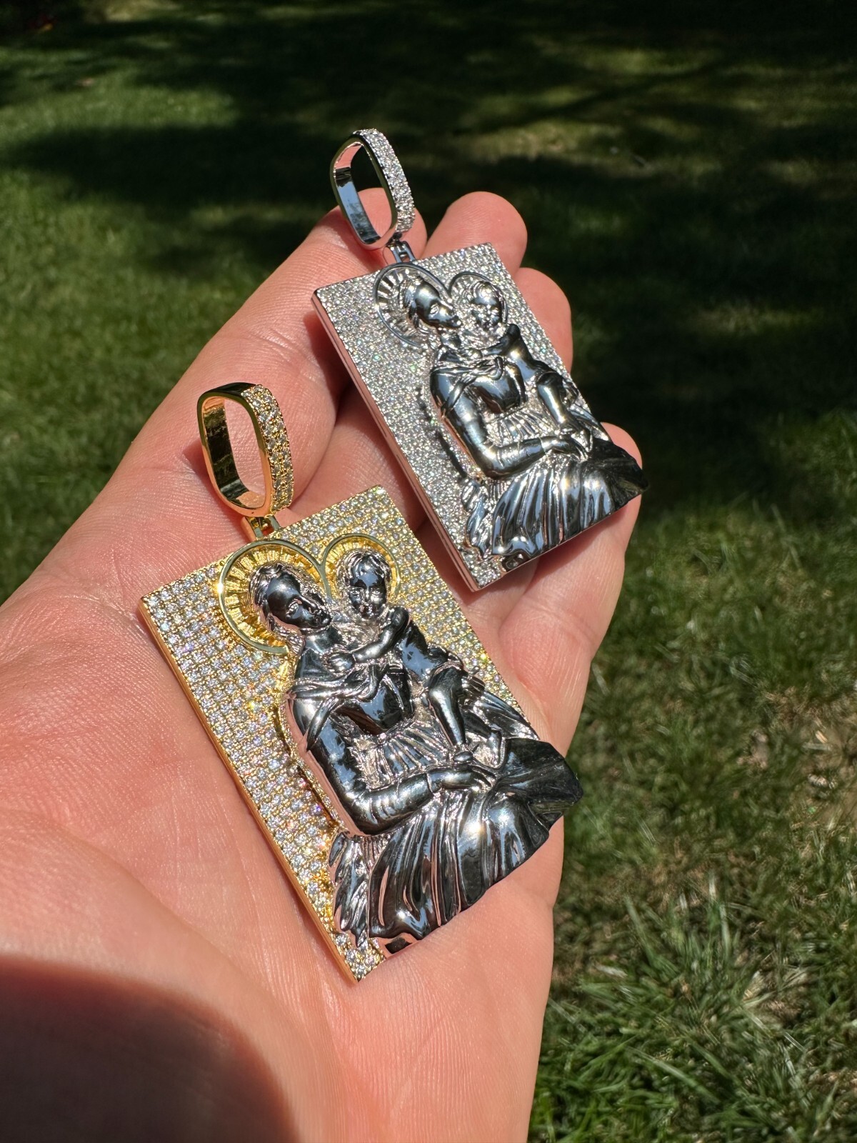 Pre-owned Harlembling Moissanite Virgin Mary Pendant Real 925 Silver Necklace Large 2.5" Ice Out Piece In White