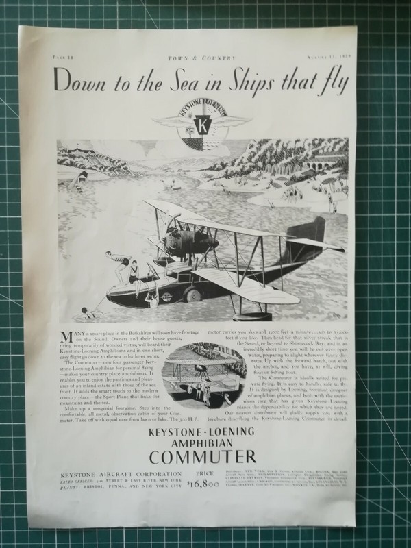 198 PublicitÃ© Ancienne 1920 35x24cm Hydravions Keystone Loening