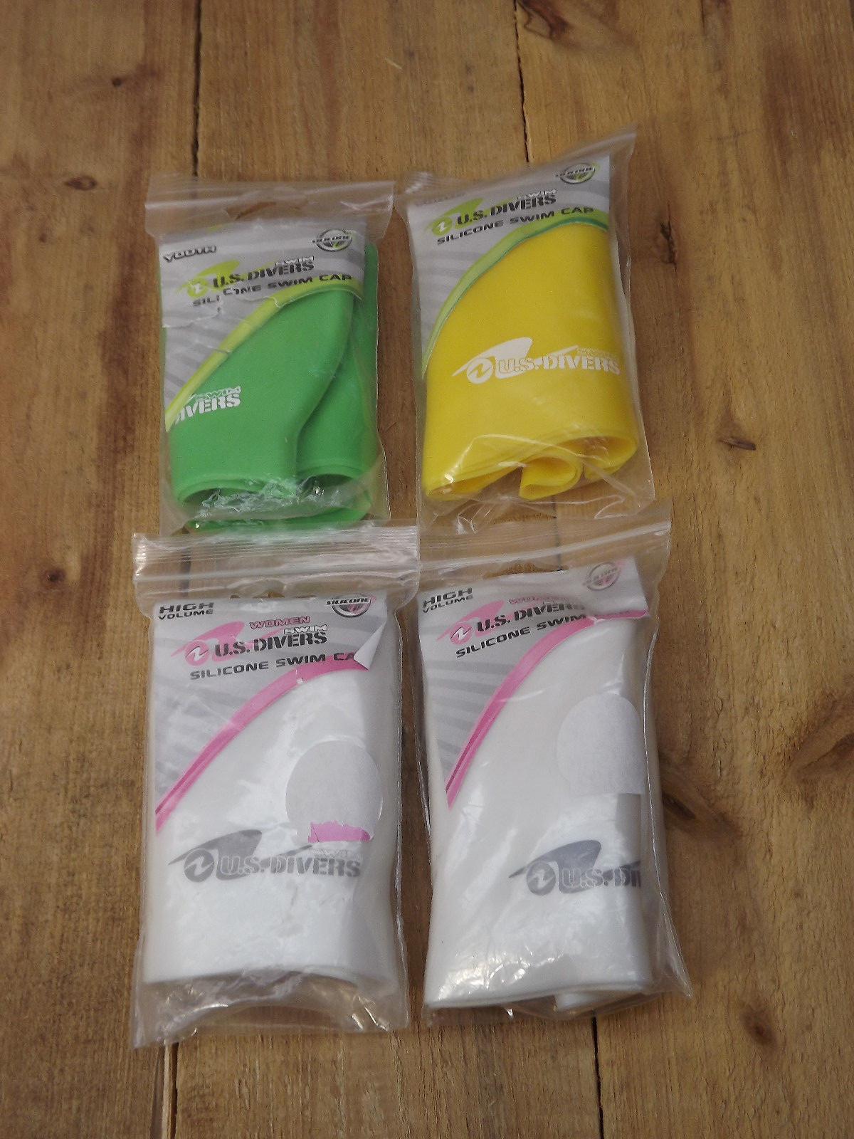 4 US Divers Silicone Swim Caps - 2 Womens + 2 Youth - White Green Yellow