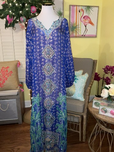 Pre-owned Lilly Pulitzer Jupiter Silk Maxi Caftan Blue Fan Favorite $548 S/m, L/xl In Multicolor