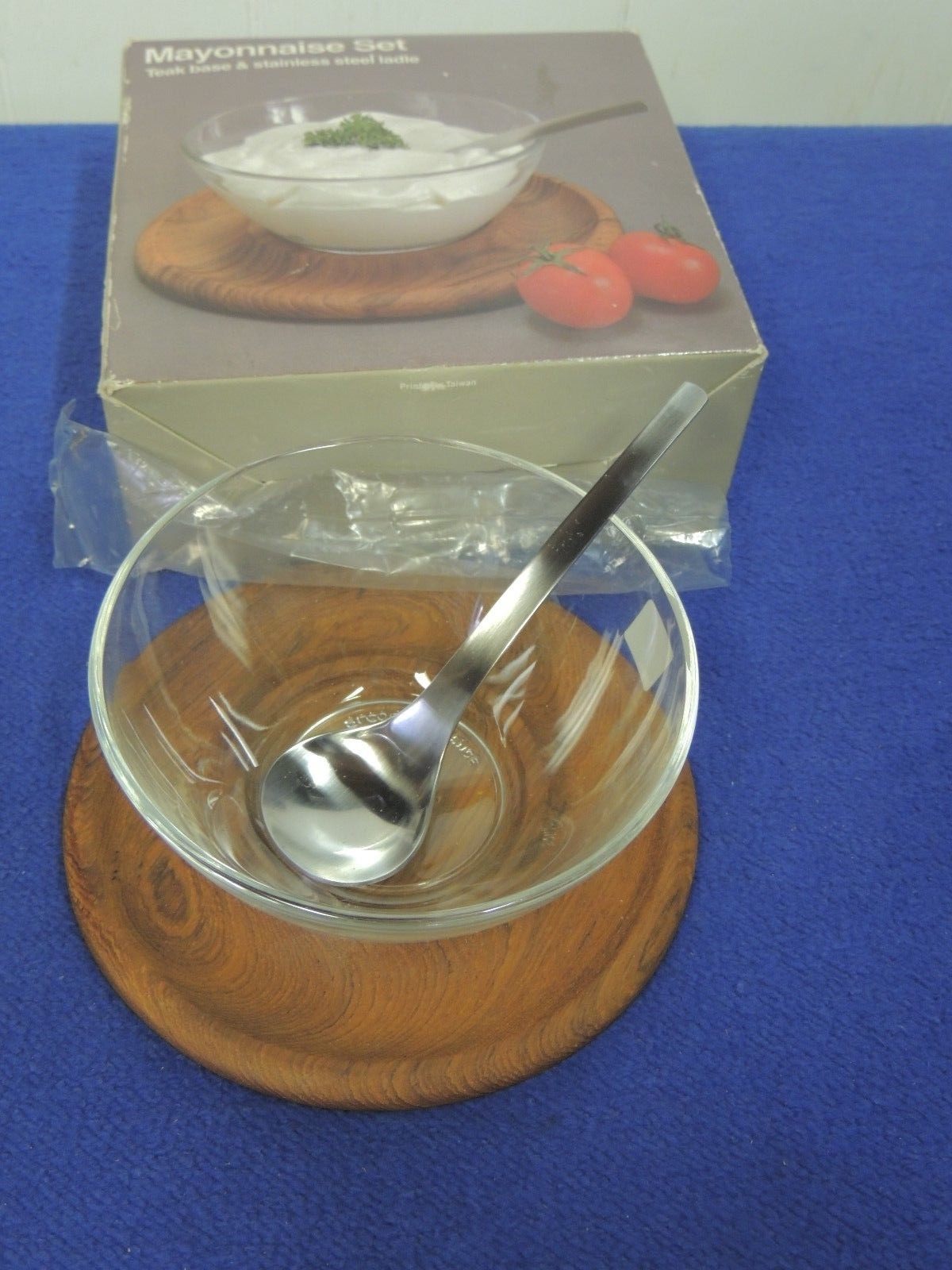 Vintage Danish Modern Teak Condiment Set Stainless Steel Ladle Glass Bowl NIB
