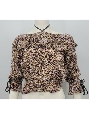 

Женская бежевая блузка с открытыми плечами AMERICAN RAG с рюшами и животным принтом, Бежевый