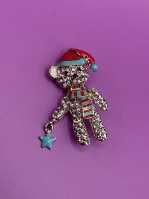 Gold Tone Pajama Teddy Bear Rhinestone Charm Brooch Pin