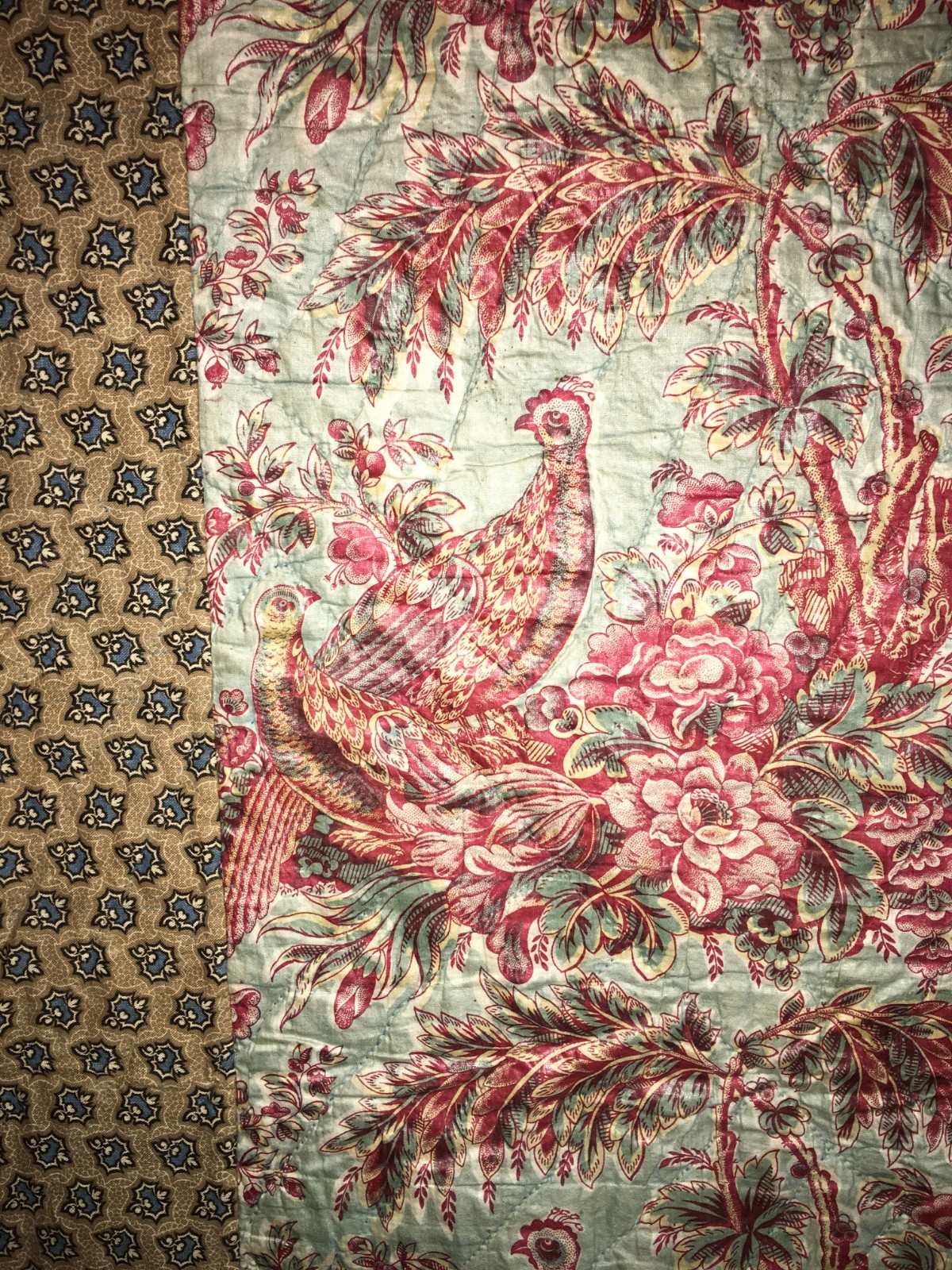 Colorful Antique C1820 Chintz Quilt With Pairs of Birds Nice Original Condition