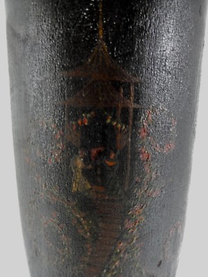 Antique Turned Wood Urn With Old Black Painted Finish & Hand Decorated.