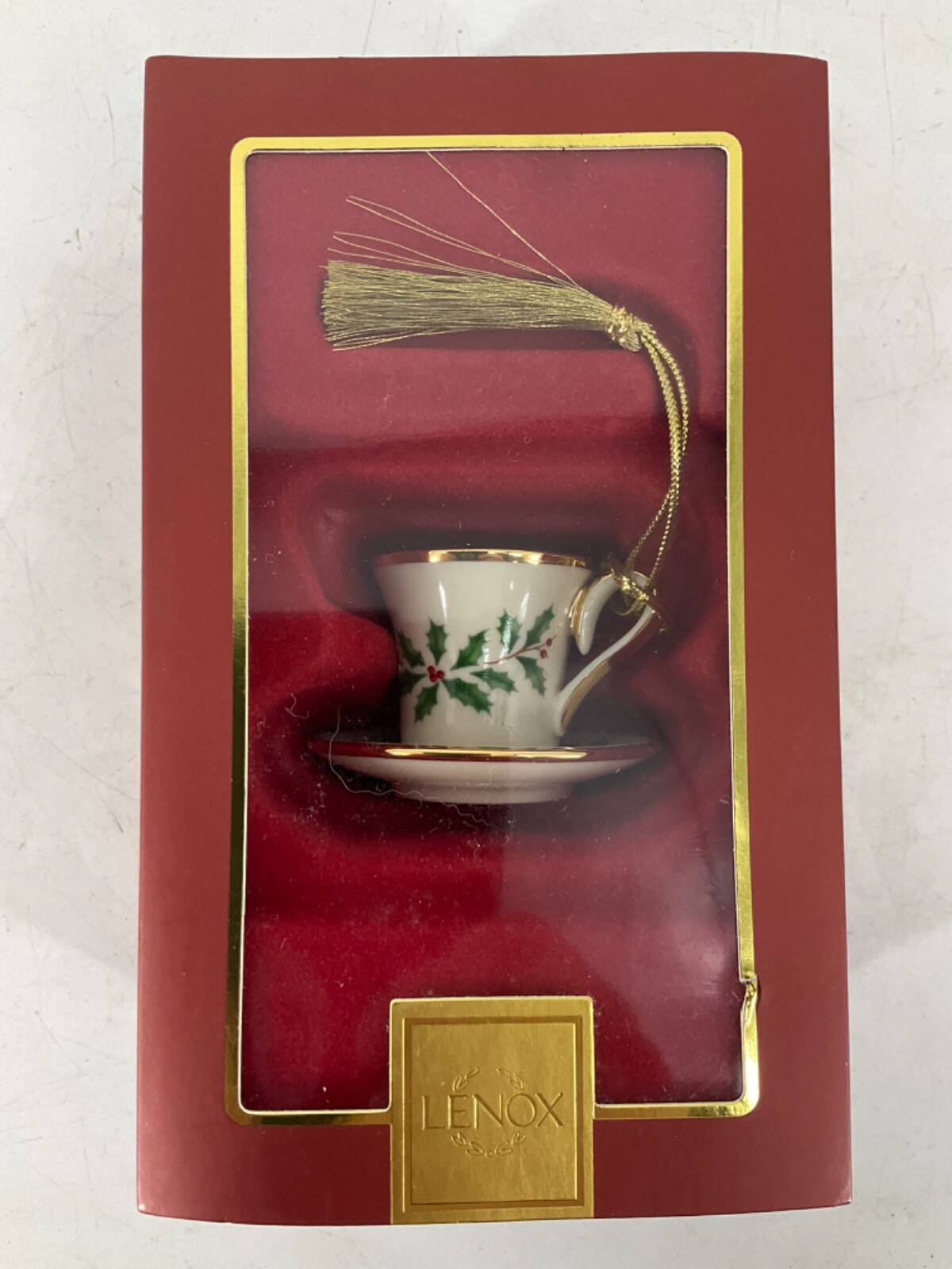Vintage Lenox Holiday Cup Saucer Christmas Tree Ornament Gold Trim Holly Ribbon