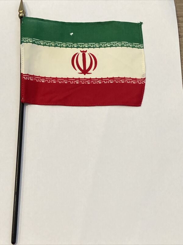 Iran Mini Desk Flag With Small Hole - Black Plastic Stick Gold Top 4” X 6”