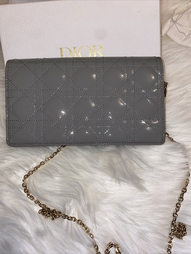 Dior Lady Dior Pouch/wallet On Chain Gray Patent Leather