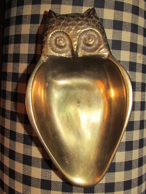 small 6" vintage brass metal owl bowl dish