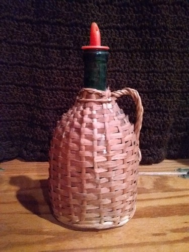 Vintage 1966 Quinta Wine Bottle Lisbon Wicker Wrapped With Handle & Paper Label