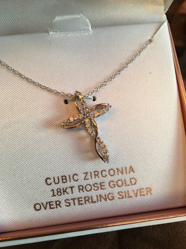 PRIMROSE 18KT Rose Gold Over Sterling Silver CZ Cross Religious Necklace 18 Box