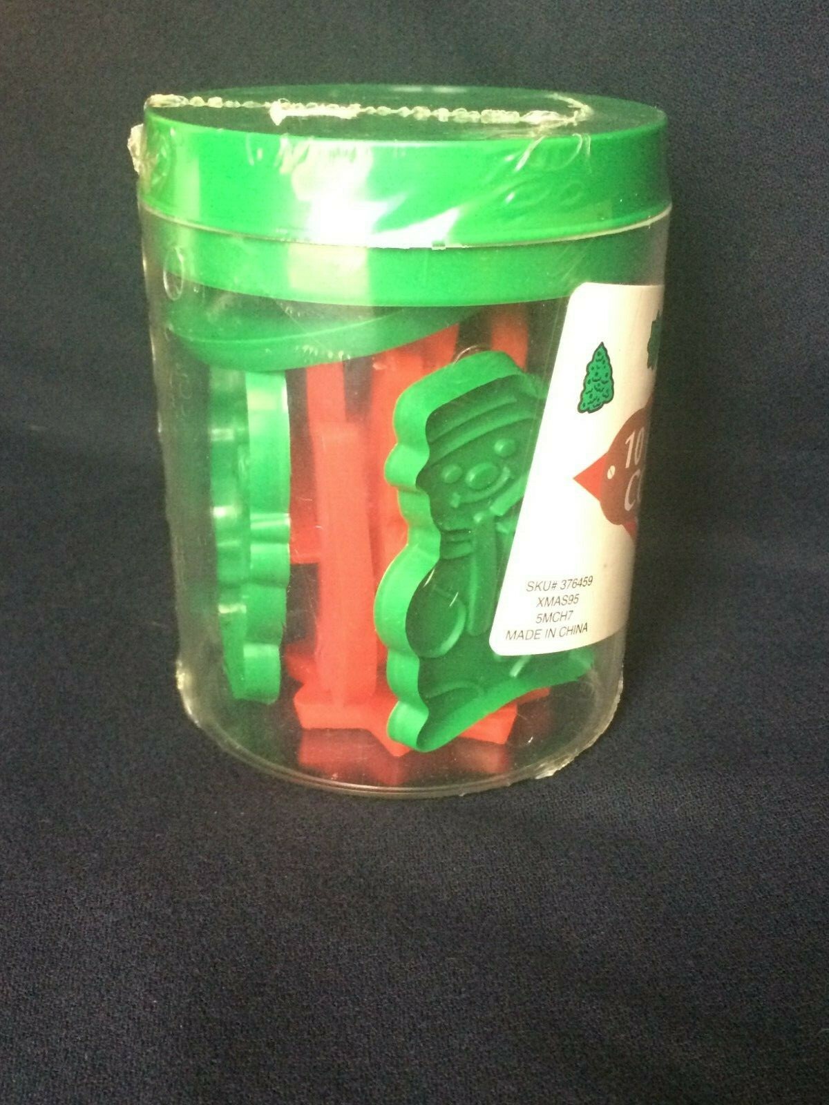 10 Piece Set Christmas Cookie Cutters New in Container Plastic Green and Red