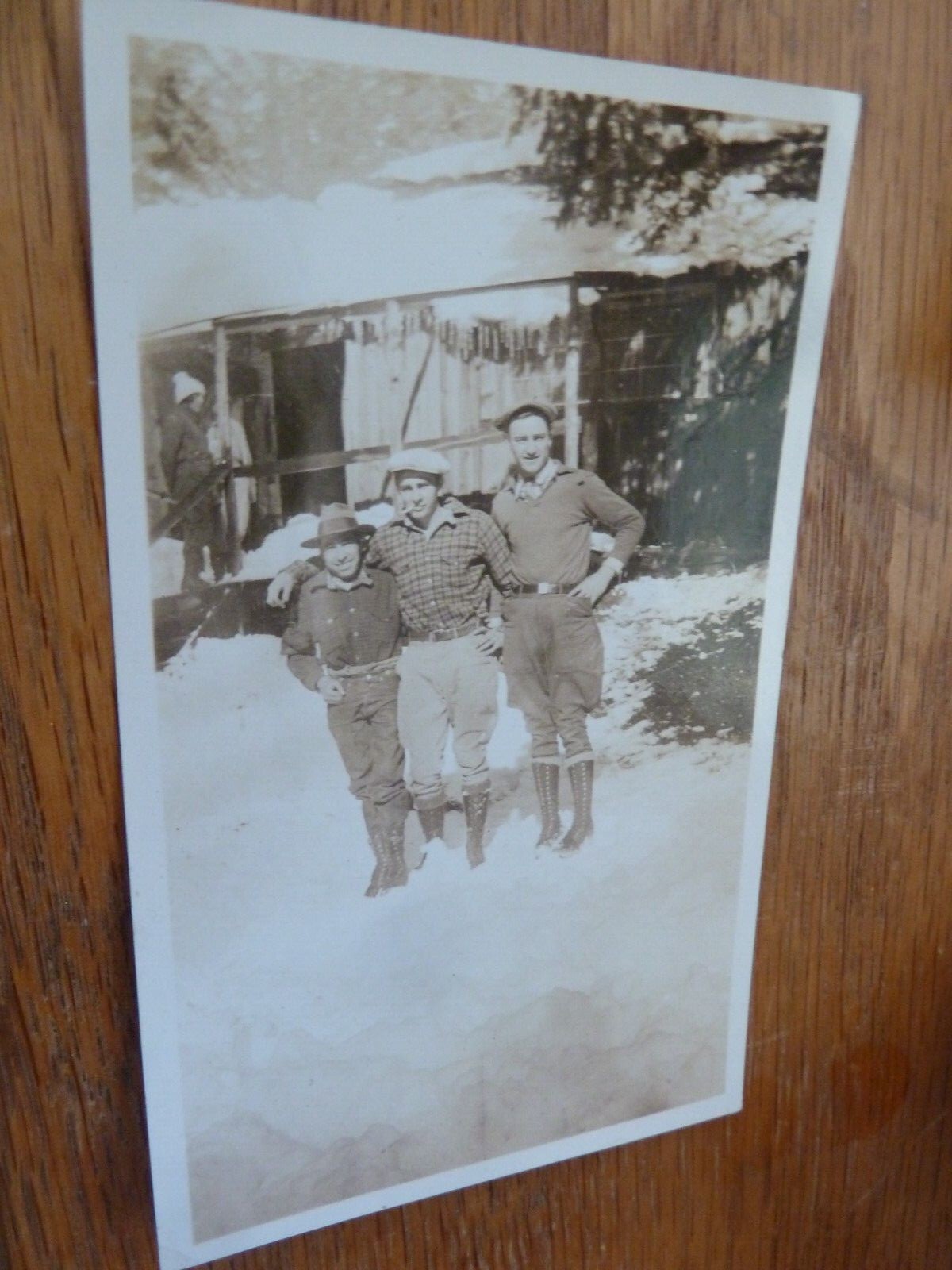Old Photo 3 Male Friends Ski Lodge Lace Up Boots 1920s