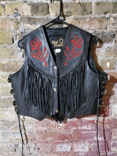 🌹 Fully Lined 100% Leather Adjustable Black, Biker/Moto Vest  Wm. Sz. Sm/Med🌹