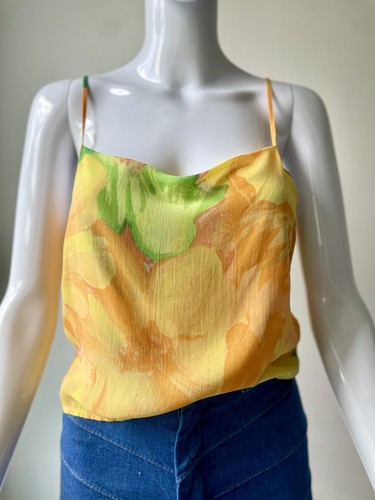 Vintage S CACHE Top Crop Floral Tank 90s Yellow Orange EUC