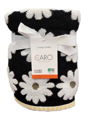 Caro Black White Daisy Hand Towels 2pc Yellow Dot Edging Soft Spa Chic