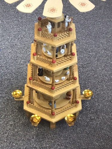 Vintage German 4-Tier Christmas Candle Nativity Scene Wooden Windmill Carousel