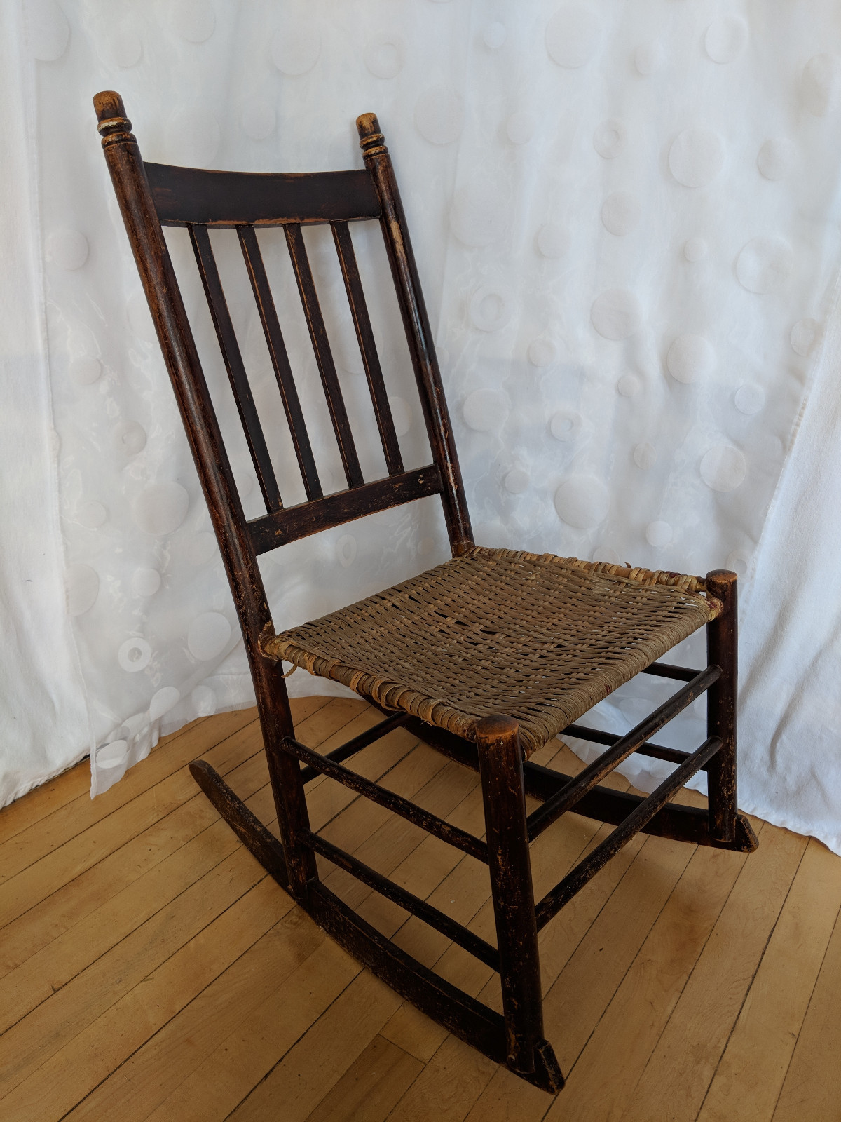 Antique Primitive Wood Sewing Nursing Rocking Chair Woven Wicker Seat Late 1800s