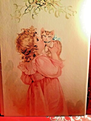 Christmas Card Victorian Style Little Girl And Kitty Unused+env