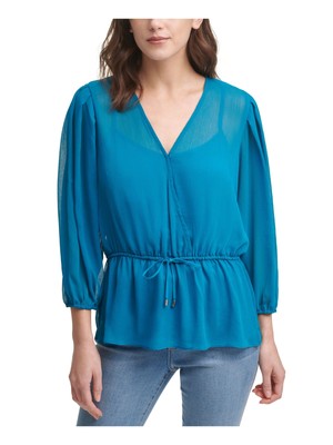

Женский темно-бирюзовый топ DKNY с V-образным вырезом и баской, рукавом 3/4, Teal