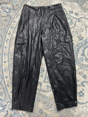 Mango MNG Faux Vegan Leather High Waisted Straight Leg Solid Black Pants 10