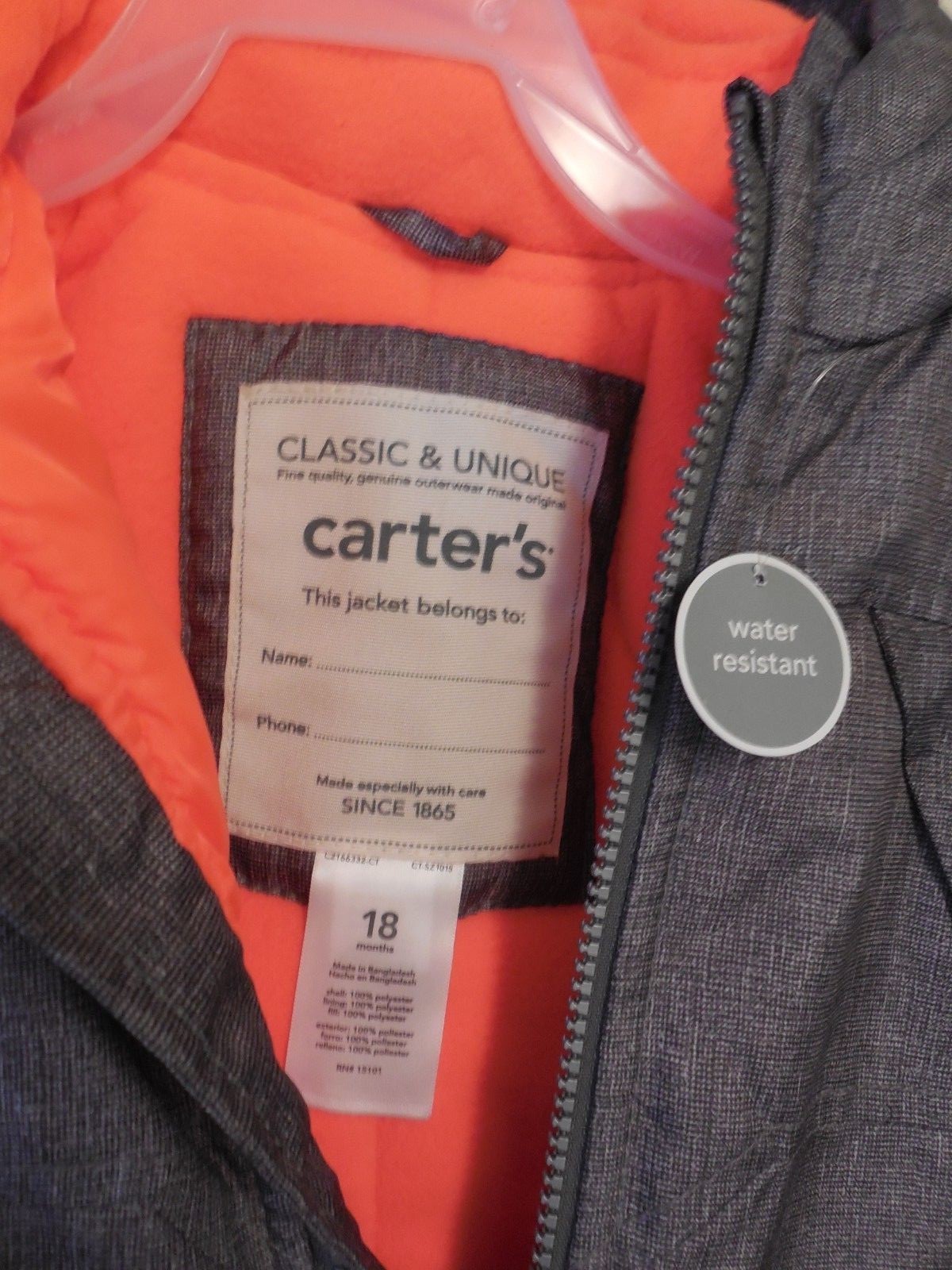 Carter's Winter Jacket,  Boy's  Size 18 Mos,  Black with Hunter Orange Trim Hood