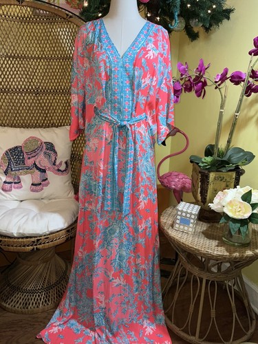 Pre-owned Lilly Pulitzer Carmynn Maxi Caftan Coral Spritz Shelly Bay Size Xs,s,m ? In Multicolor