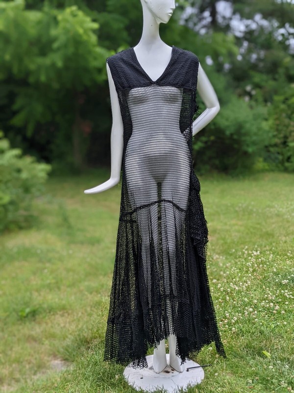 ワンピース Fishnet Dress ALLURING FLAPPER 1920'S BLACK FISHNET DRESS W DRAPE TAILS AT